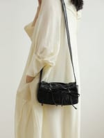 Retro Genuine Leather Pleated Shoulder Bag