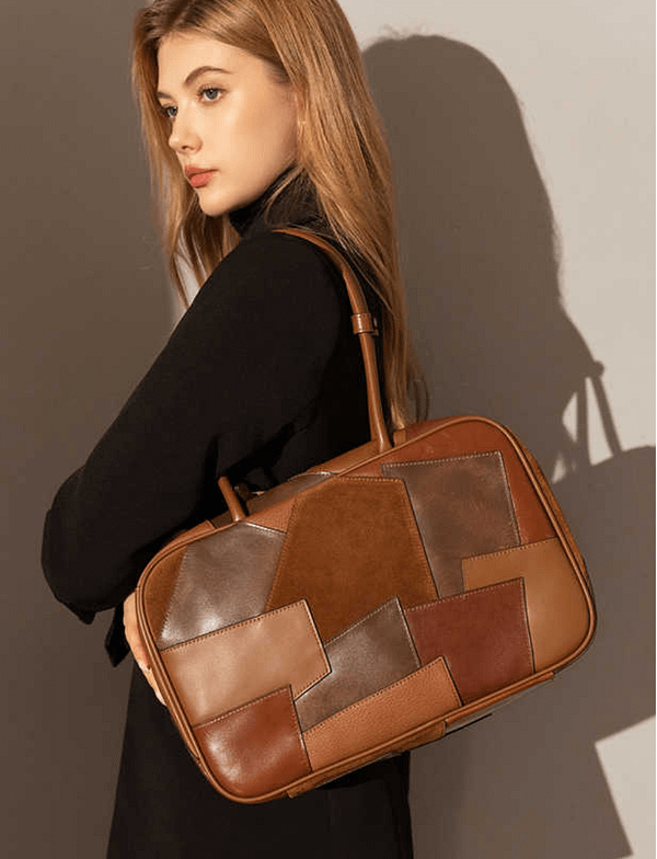 Vintage Leather Patchwork Bowling Bag