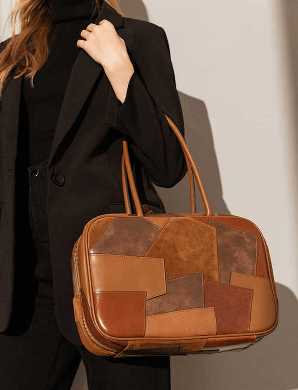 Vintage Leather Patchwork Bowling Bag