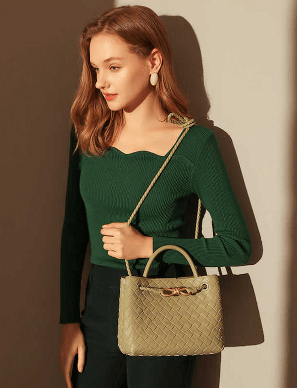 Genuine Leather Basket Woven Shoulder Crossbody Bag