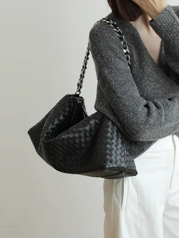 Leather Woven Large Chunky Chain Shoulder Bag