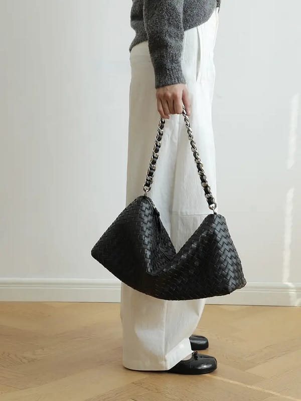 Leather Woven Large Chunky Chain Shoulder Bag