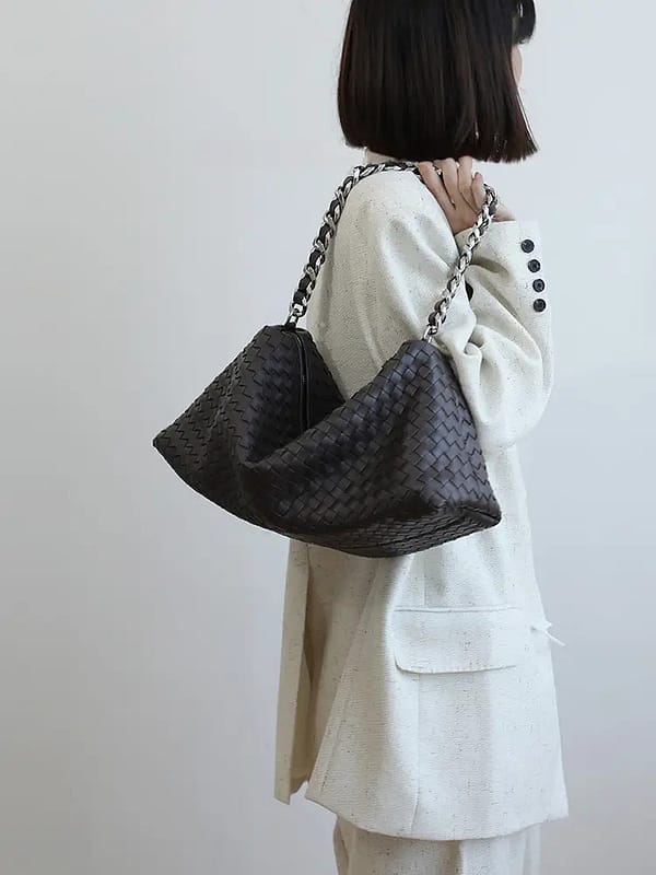 Leather Woven Large Chunky Chain Shoulder Bag