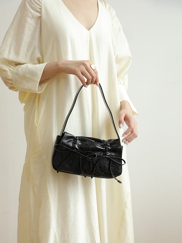 Retro Genuine Leather Pleated Shoulder Bag